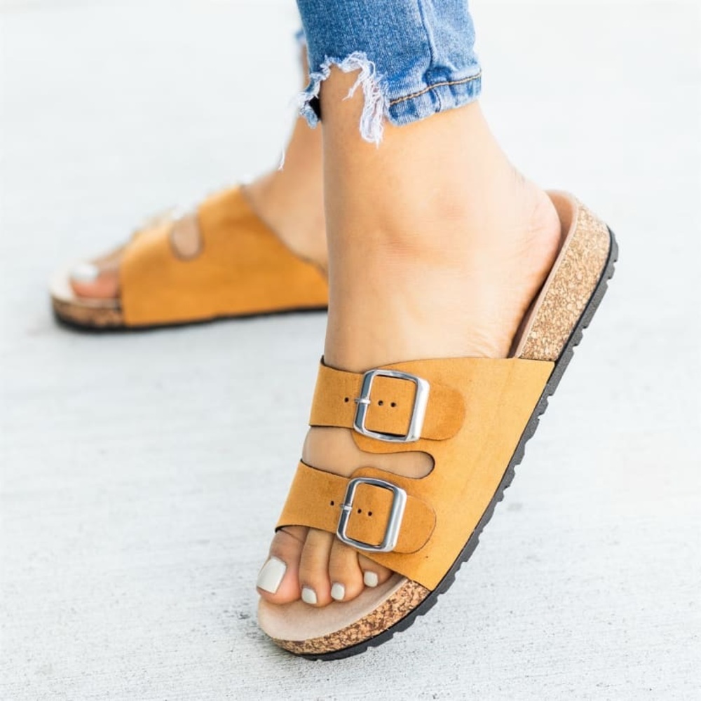 double tan buckled slides Arrived “ Gabs”